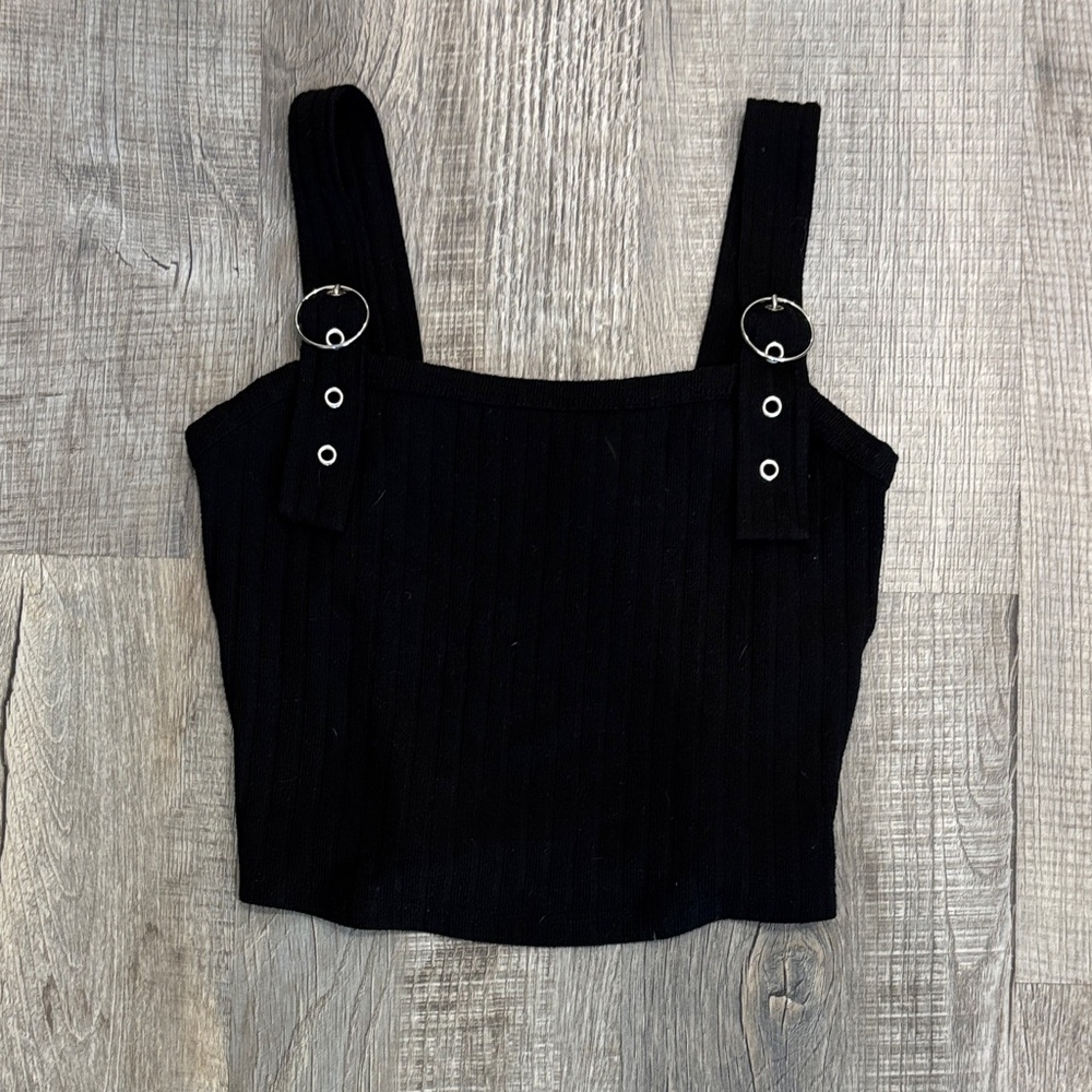 Hollister Black Ribbed Crop Top with Buckle Straps